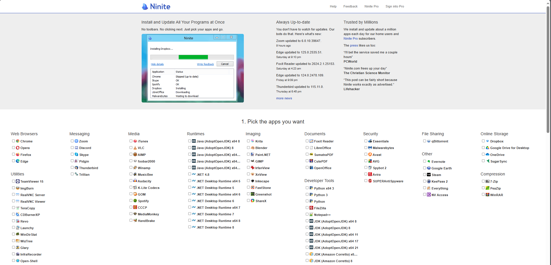 Tampilan web ninite